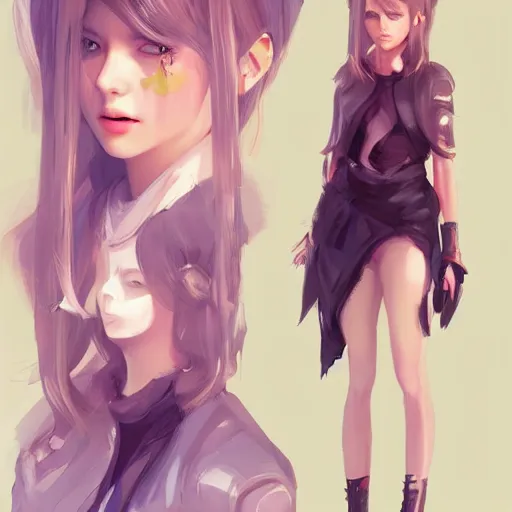 Image similar to character sheet beautiful and cute girl, digital art by wlop. character design concept art. artstation contest winner, cinematic paint. lower shot. blade runner, scifi