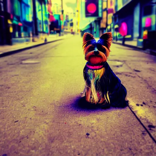 Image similar to photography of a Yorkie sitting on a box. in a cyberpunk street, award winning photo, saturated, colored, colors, 100mm, sharp, high res