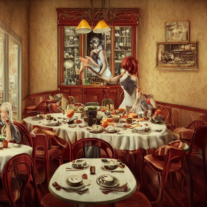 Prompt: portrait of a retro dining room, depth of field, zeiss lens, detailed, symmetrical, centered, fashion photoshoot, by nicoletta ceccoli, mark ryden, lostfish, breathtaking, 8 k resolution, extremely detailed, beautiful, establishing shot, artistic, hyperrealistic, octane render