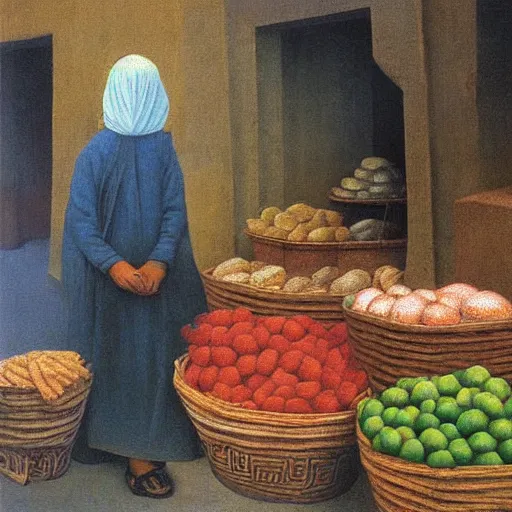 Image similar to market in old samarkand, pastel painting, by rene magritte