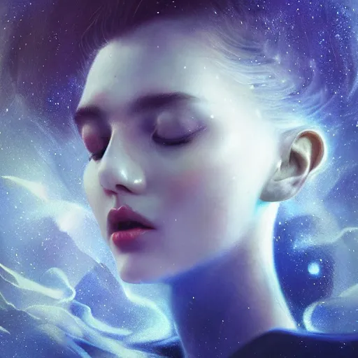 Prompt: sci - fi, 3 d, stars, fashion model face star skin, cinematic, clouds, moon rays, vogue cover style, poster art, blue mood, realistic painting, intricate oil painting, high detail illustration, figurative art, multiple exposure, water, 3 d, by tooth wu and wlop and beeple and greg rutkowski