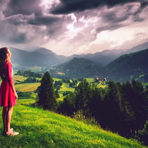 Image similar to a beautiful photograph of a girl with switzerland landscape in the background with trees, hdr, 8 k, high quality, sharp focus, artstation, highly detailed, award - winning, dramatic lighting, beautiful clouds, and nature