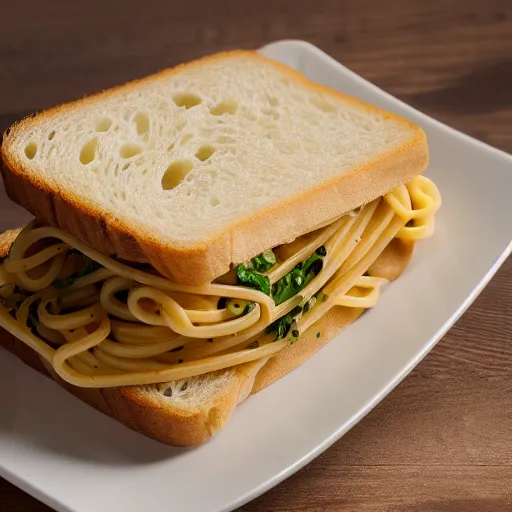 Image similar to photo of a pasta sandwich, professional, studio, marco, 4 k