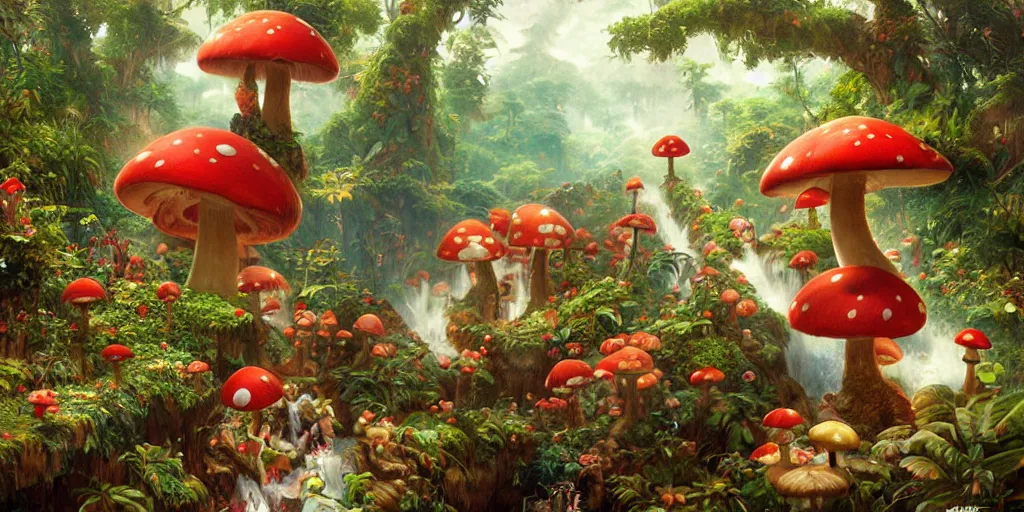 Image similar to Yoshi jumping out of Warp pipe, jungle landscape, Mushroom Kingdom, Super Mario Theme, giant red and white spotted mushrooms, by Stanley Artgerm Lau , greg rutkowski, thomas kindkade, alphonse mucha, loish, norman Rockwell