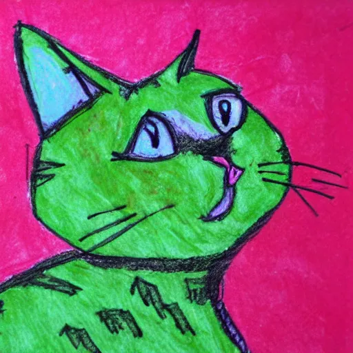 Prompt: a crudely scribbles picture of a cat by a child using blunt green and purple crayons on crumpled paper, unskilled, ugly, photoreal, loosely drawn, shaky lines, 3 6 0 p