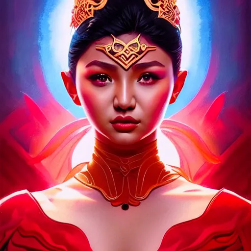 Image similar to nadine lustre as darna, volumetric lights, red and cyan theme, art nouveau botanicals, intricate, highly detailed, digital painting, artstation, concept art, smooth, sharp focus, cinematic, illustration, beautiful face, art by artgerm and greg rutkowski and alphonse mucha