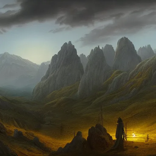 Prompt: A beautiful highly detailed matte painting of a fantasy landscape, by Caspar Friedrich, Trending on artstation