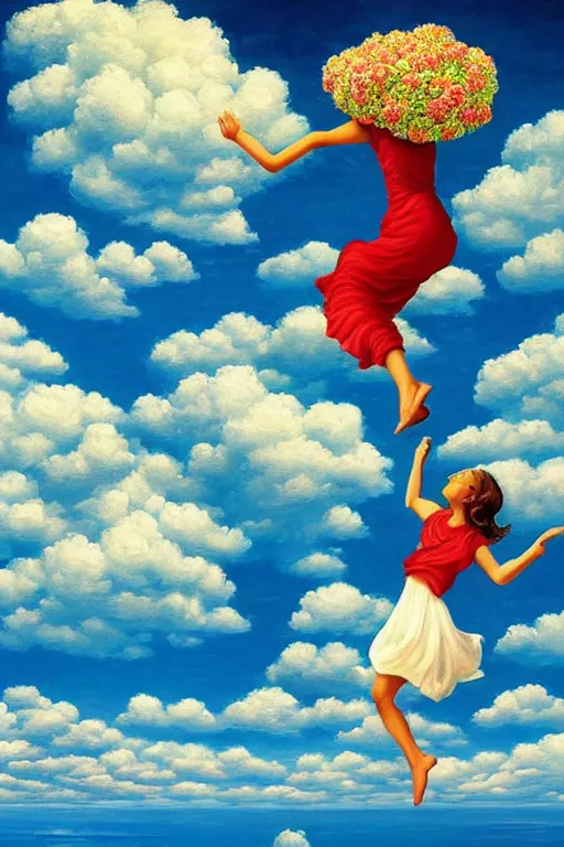 Prompt: look up, giant carnation flower head, woman jumping, clouds in blue sky, surreal, impressionist painting, digital painting, artstation, rob gonsalves