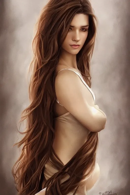 Image similar to a gorgeous female with long brown hair in the style of stefan kostic, realistic, full body, sharp focus, 8 k high definition, insanely detailed, intricate, elegant, art by stanley lau and artgerm