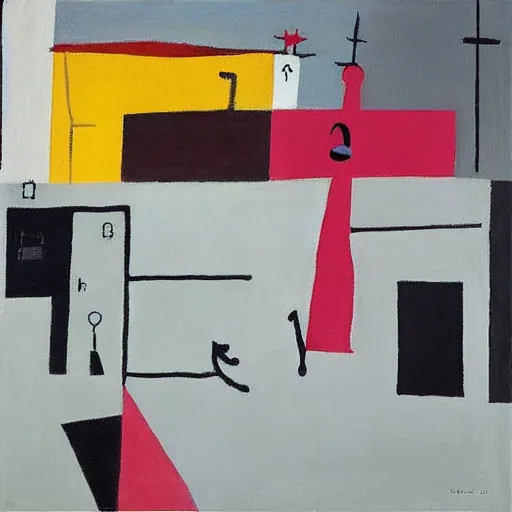 Image similar to “ an acryllic painting dubrovnik, on a pale background, muted palette mostly white, black, gray, dark red, dark blue, pink, evil fisherman, dadaism, dada, mixed media, in the styles of both joan miro and mark rothko ”