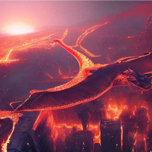 Image similar to dragon flying over a city, fire, lava, smoke, ethereal, matte painting, highly detailed, by eddie mendoza 8 k resolution