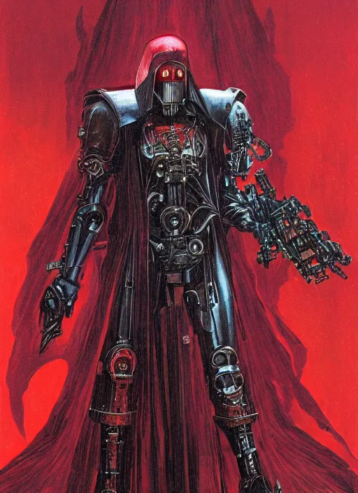 Image similar to portrait of adeptus mechanicus in red hood and robe from Warhammer 40000. Highly detailed, artstation, illustration by and John Blanche and zdislav beksinski and wayne barlowe