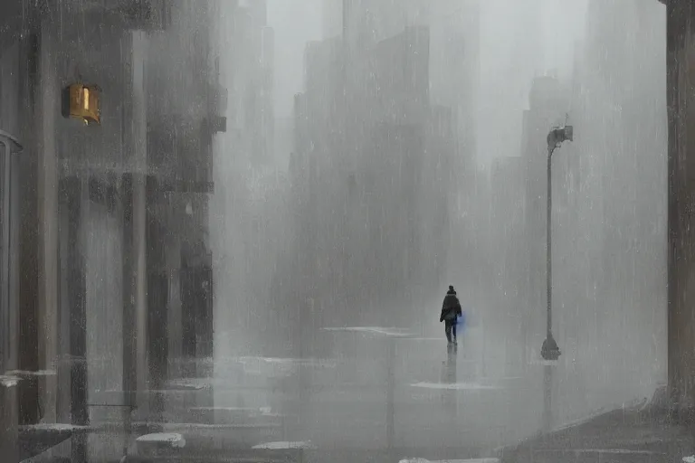 Prompt: concept art mood painting environment painting man walking down grey dull concreate alley winter arms in pockets. style of ryan church jon mccoy george hull painting