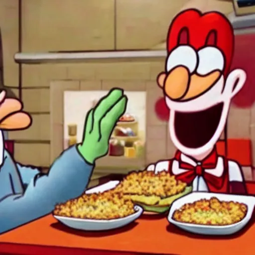 Prompt: photograph of squidward eaing at a kfc