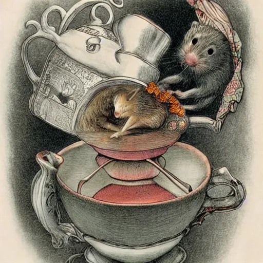 Image similar to dormouse from Alice in Wonderland poking its head out of the teapot, by Santiago Caruso, and M.C. Escher, fairy-tale illustration style, very detailed, colorful, beautiful, eerie, surreal, psychedelic