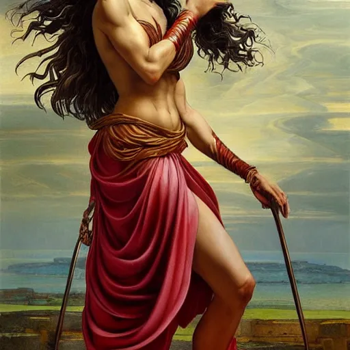 Image similar to Full body oil painting of the beautiful woman Gal Gadot, she is wearing some withe ancient roman cloths and a surreal ornate, her hair is natural disheveled, she is approaching heaven, naturalism, dramatic lighting, high-detailed oil painting by Ilya Repin, Michelangelo da Caravaggio, William Blake, Alex Grey and Beksinski, trending on Artsatio, hystorical painting, masterpiece, 4k, 8k,