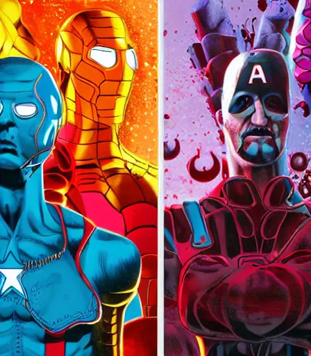 Image similar to TIm Burtons style Avengers by Alex Pardee and Nekro and Petros Afshar, and James McDermott,unstirred paint, vivid color, cgsociety 4K