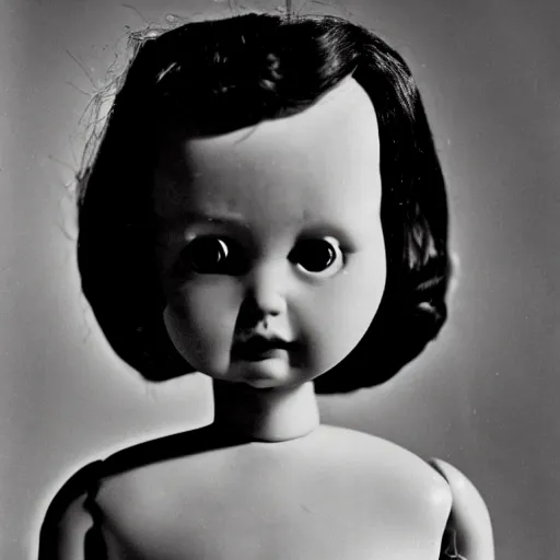 Image similar to a close - up, black and white studio photographic portrait of a doll with a broken face, dramatic backlighting, 1 9 4 0 photo from life magazine