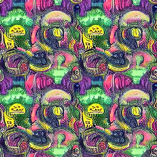 Prompt: a seamless pattern of surreal, colorful, fluffy, elaborate, and detailed monsters ; texture contract ; surrealism ; hyperrealism ; photorealism ; photorealistic ; surreal