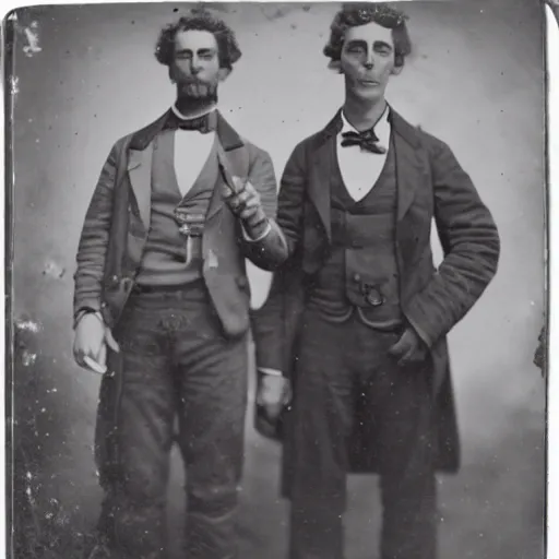 Image similar to tintype photo of rick and morty. 1 8 8 0 s