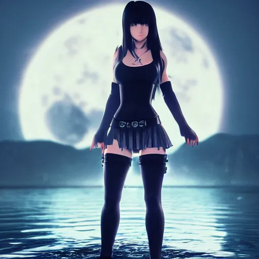 Image similar to tifa lockheart, sacred tattoos, playing in a lagoon, magical moon shines overhead, cinematic shot in the style of anime, cinematic lighting, hyperdetailed, 8 k realistic, symmetrical, global illumination, mysterious light, cryengine 5, dof, trending on artstation, trending on deviant art, digital art, chanel