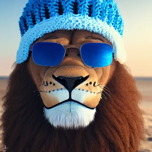 Prompt: a photorealistic picture of a knitted smiling Mufasa lion wearing blue sunglasses and a beanie cap at the beach during sunset Trending on Artstation, featured on Behance, well-rendered, intricate, highly detailed, very crispy, Unreal Engine, 4K HD