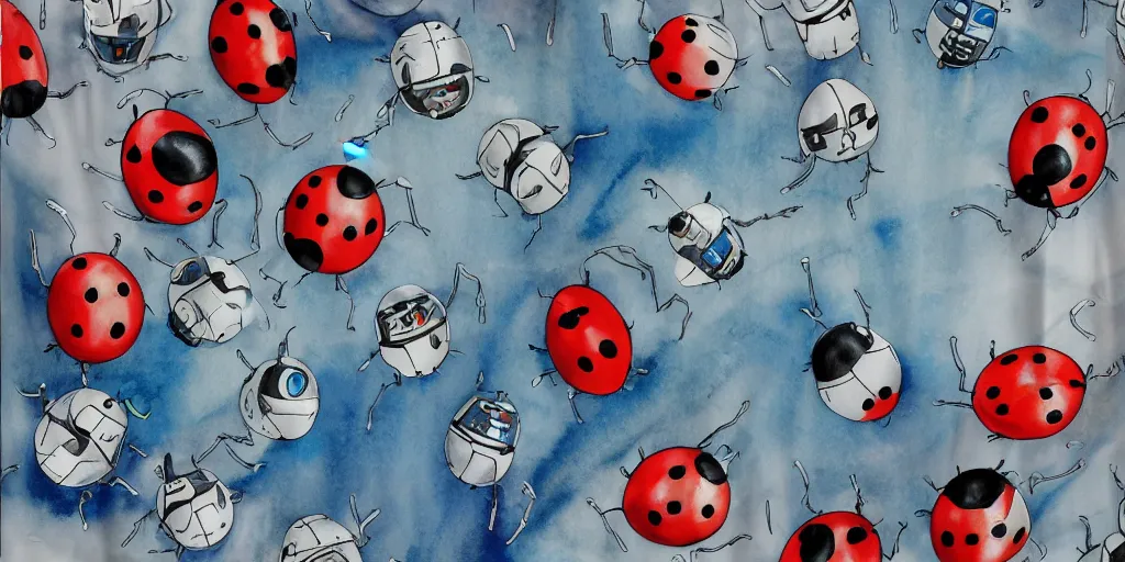 Image similar to shower curtain product catalog. wide - angle photo. on the curtain is a low - angle hero - shot watercolor of a ladybug robot. the robot has an epic fight with darth vader ( obi - wan kenobi ). the water color has ink under drawing. highly coherent, product photography of a shower curtain, product lighting. 4 k, highly detailed. saturated.