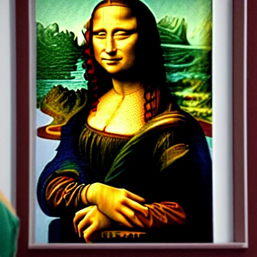 Image similar to nytimes mona lisa vandalized, vandal painted a frog on her shoulder