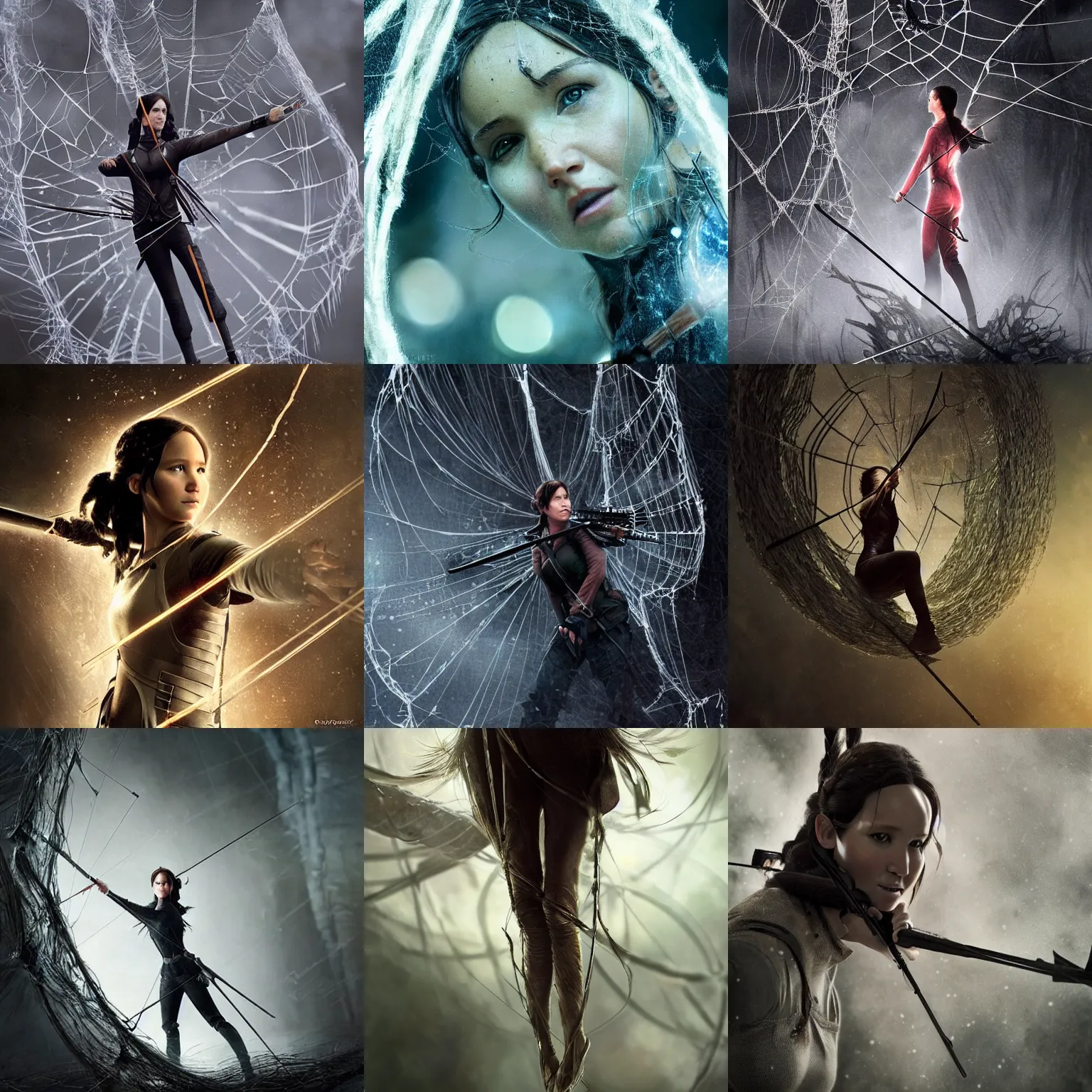 Prompt: katniss everdeen trapped in a giant cobweb, digital art by greg rutkowski, but as macro!!!!! photography