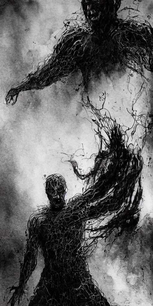 Image similar to concept art of only one man, evil man in a menacing pose, with his body covered in burns, with black smoke coming out of his hands, full body, dark colors, sinister atmosphere, dramatic lighting, cinematic, establishing shot, extremely high detail, photo realistic, cinematic lighting, pen and ink, intricate line drawings, by Yoshitaka Amano, Ruan Jia, Kentaro Miura, Artgerm, post processed, concept art, artstation, matte painting, style by eddie mendoza, raphael lacoste, alex ross,