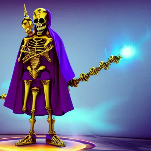 Image similar to a skeleton in a large wide purple robe, golden magical shoulder pads, in a hood, a red magic sphere in his chest, he holds a golden magic staff in his hands, stands next to a golden throne, realism, game quality, 3d render, proportions