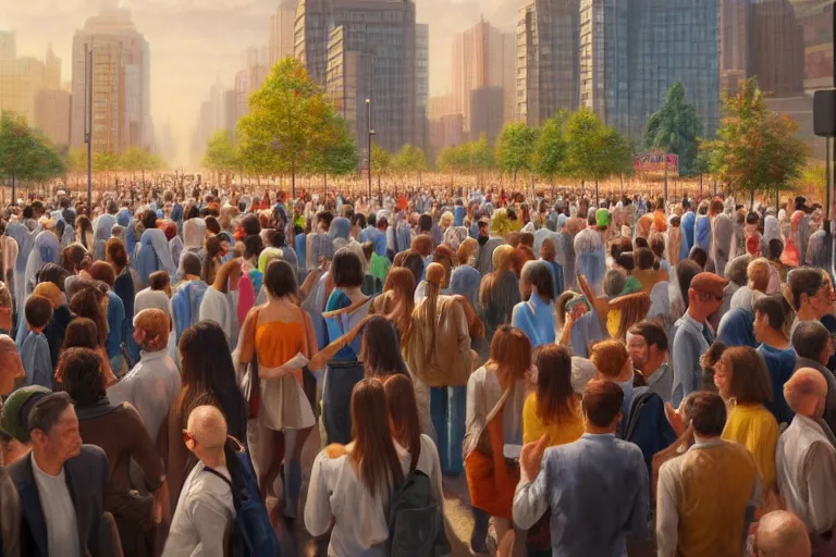 Image similar to ( ( a beautiful 8 k photorealistic masterpiece oil painting ) ( of ( utopia of a society where people are happy to go to work ) ) ( hyperrealism ) ( 1 6 k ) ( trending on artstation )