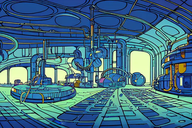 Image similar to a scifi illustration, factory interior. parallax birds eye view. fisheye. vats of fluid. flat colors, limited palette in FANTASTIC PLANET La planète sauvage animation by René Laloux