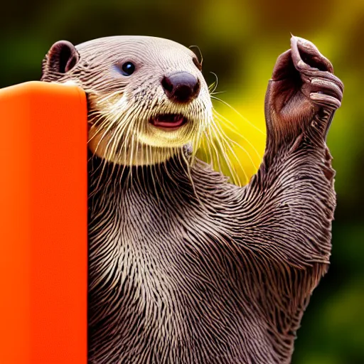 Image similar to otter holding a orange boombox, 4 k, high octane, beautiful