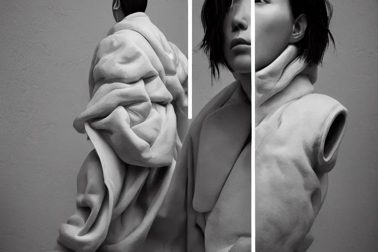 Image similar to well lit fashion shoot portrait of extremely beautiful female marble statue wearing huge over size puffer jacket by dingyun zhang, yeezy, balenciaga, vetements, a cold wall, sharp focus, clear, detailed,, cinematic, detailed, off white, glamourous, symmetrical, vogue, editorial, fashion, magazine shoot, glossy