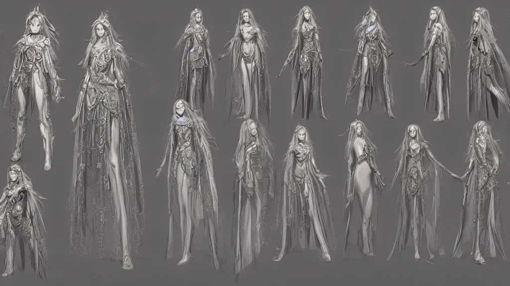 Image similar to concept art sheet, photorealistic symmetrical beautiful young female priestess with shiny hair wearing full intricate clothing, intricate, cg society, Elden Ring, darksouls, bloodborne