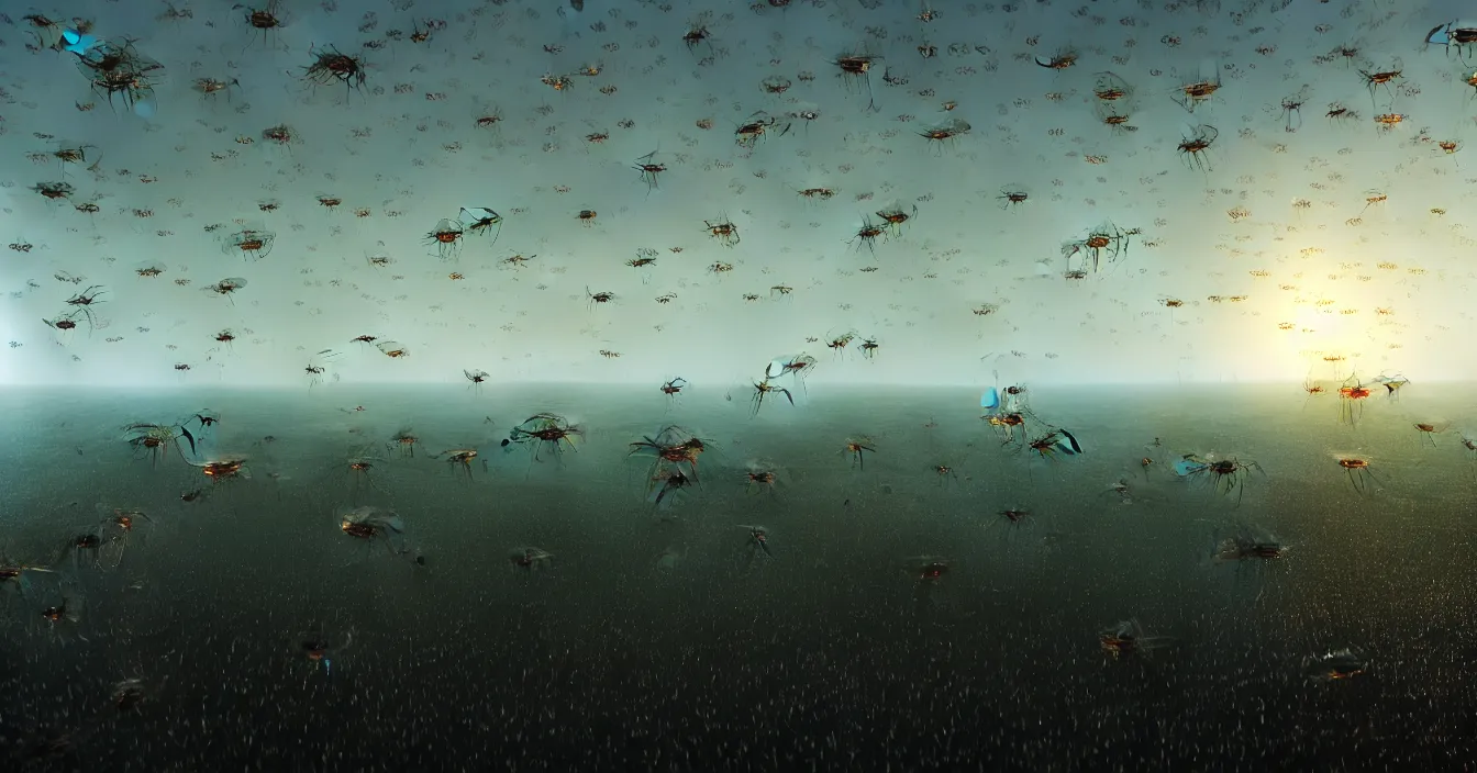 Prompt: hyperrealistic painting of wide battleground landscape, with army of transparent translucent insects fighting hardly futuristic human army, night, heavy rain, reflections, raytracing, raymarching, scattering, subsurface, full of reflections, volumetric fog light, dark and dramatic composition, deep depth, defocus, rendered in vray, raytracing, raymarching