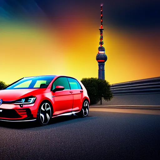 Image similar to a car parked VW Golf GTI at side of road, Berlin City, city sunset, cinematic color, photorealistic, highly detailed, bokeh