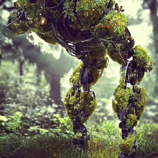 Image similar to overgrown foliage taking over an abandoned humanoid robot body, close - up, 3 5 mm, biopunk, bokeh, beautiful, lens flare, emotional, sweet, flowers, detailed, picture, trending on artstation, award - winning, shiny, golden