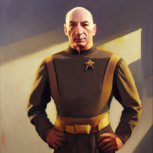 Image similar to greg manchess portrait painting of partially armored jean luc picard as overwatch character, medium shot, asymmetrical, profile picture, organic painting, sunny day, matte painting, bold shapes, hard edges, street art, trending on artstation, by huang guangjian, gil elvgren, ruan jia, greg rutkowski, gaston bussiere