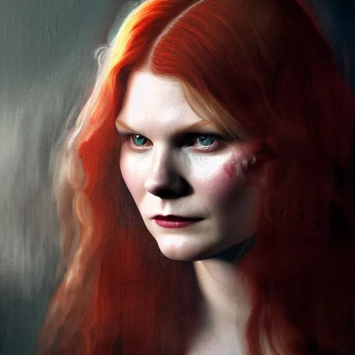 Prompt: majestic gracious regal aristocratic redhead young kirsten dunst as the vampire child claudia portrait, indoors, atmospheric lighting, painted, voluptuous, intricate, volumetric lighting, beautiful, rich deep colours masterpiece, sharp focus, ultra detailed, by leesha hannigan, ross tran, thierry doizon, kai carpenter, ignacio fernandez rios