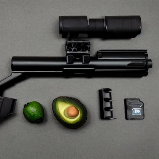 Prompt: avocado airsoft grenade launcher weapon product photo