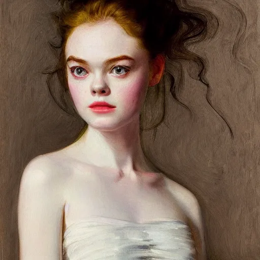 Prompt: Elle Fanning in the style of Berthe Morisot, head and shoulders portrait, stormy weather, extremely detailed masterpiece, oil on canvas, low-key neon lighting, artstation, Blade Runner 2049, Roger Deakin’s cinematography, by J. C. Leyendecker and Peter Paul Rubens and Edward Hopper and Michael Sowa,