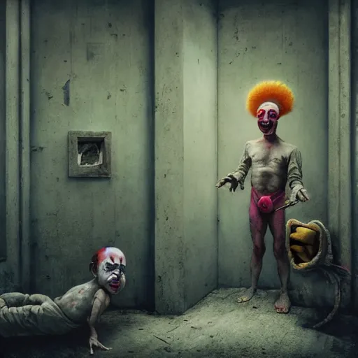 Image similar to a clown holding a baby inside an abandoned hospital, beksinski, dariusz zawadzki, wayne barlowe, very coherent symmetrical artwork, cinematic, hyper realism, high detail, octane render, 8 k