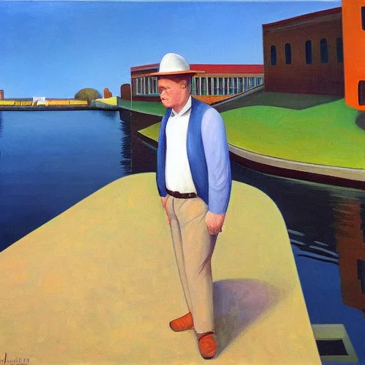 Prompt: a man, a plan, a canal, panama! grant wood, pj crook, edward hopper, oil on canvas