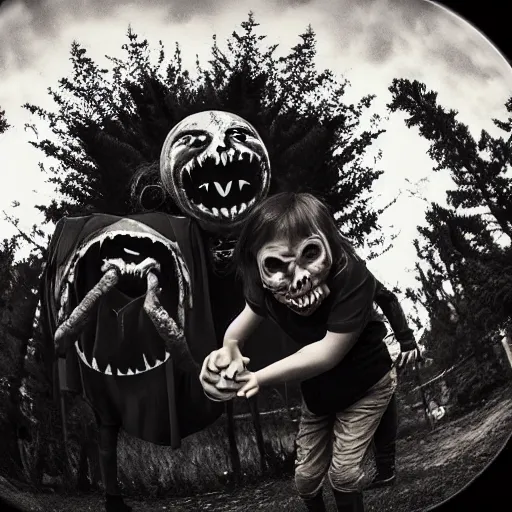 Prompt: A selfie of a fleshy-carrion monster trick or treating with a demon, fisheye lens photography, with a spooky filter applied, in a Halloween style.