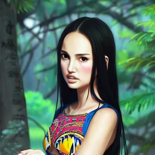 Image similar to a beautiful young japanese natalie portman alluring gravure model, stylized concept art, wearing big elaborate designer bomber jacket and one piece bikini, bomber jacket with mesoamerican patterns, mesoamerican native street fashion, princess mononoke, painted by ilya kuvshinov aesthetic, gorgeous, stunning, alluring, attractive, artstation, pinterest, digital art