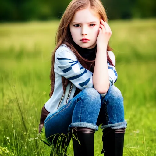 Prompt: young girl sits on a meadow, she wears leather jacket, jeans and knee high black boots, sharp focus, photo taken by nikon, 4 k,