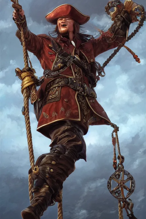 Prompt: Putin as a pirate, hanging from the gallows, intricate, elegant, highly detailed, centered, digital painting, artstation, concept art, smooth, sharp focus, illustration, art by artgerm and donato giancola and Joseph Christian Leyendecker, Ross Tran, WLOP