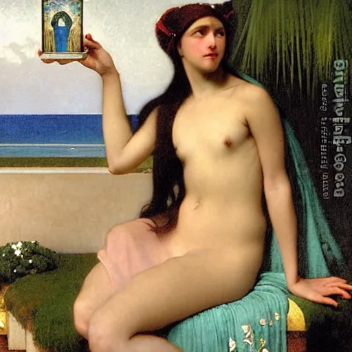 Image similar to Girl with a blood dripping chalice at the palace, thunderstorm, pool, beach and palm trees on the background major arcana sky, by paul delaroche, alphonse mucha and arnold böcklin arnold böcklin hyperrealistic 8k, very detailed